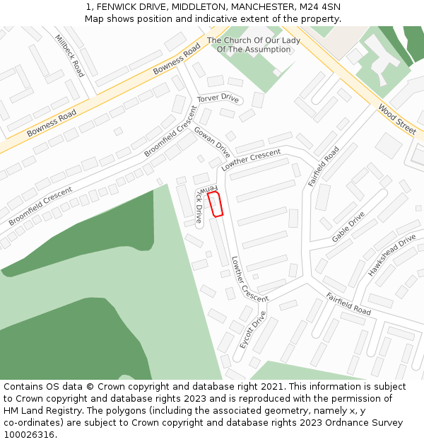1, FENWICK DRIVE, MIDDLETON, MANCHESTER, M24 4SN: Location map and indicative extent of plot