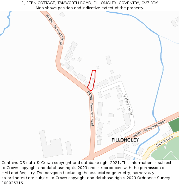 1, FERN COTTAGE, TAMWORTH ROAD, FILLONGLEY, COVENTRY, CV7 8DY: Location map and indicative extent of plot