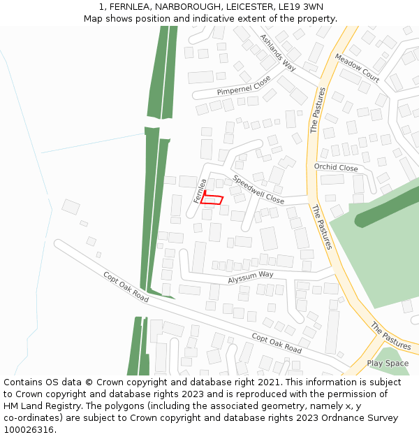 1, FERNLEA, NARBOROUGH, LEICESTER, LE19 3WN: Location map and indicative extent of plot