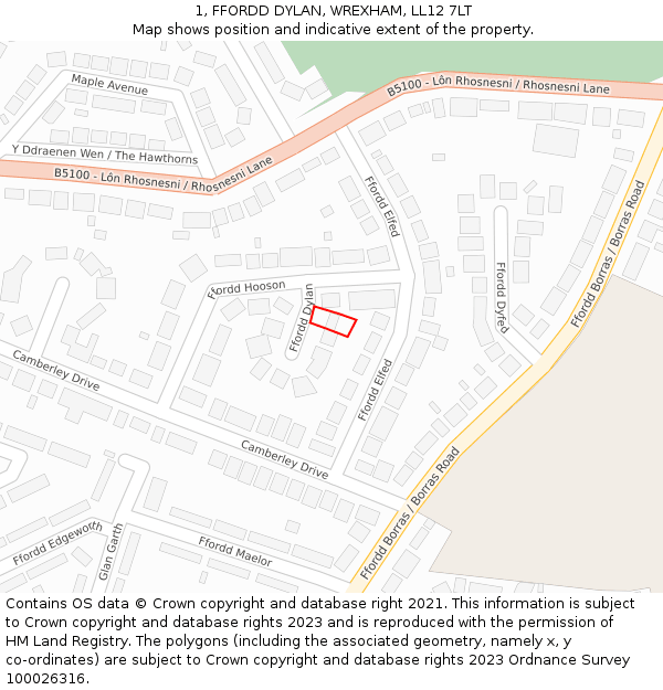 1, FFORDD DYLAN, WREXHAM, LL12 7LT: Location map and indicative extent of plot