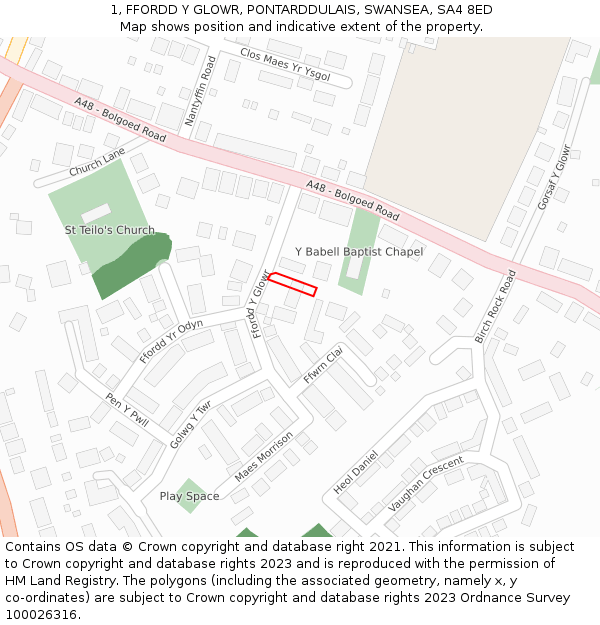 1, FFORDD Y GLOWR, PONTARDDULAIS, SWANSEA, SA4 8ED: Location map and indicative extent of plot