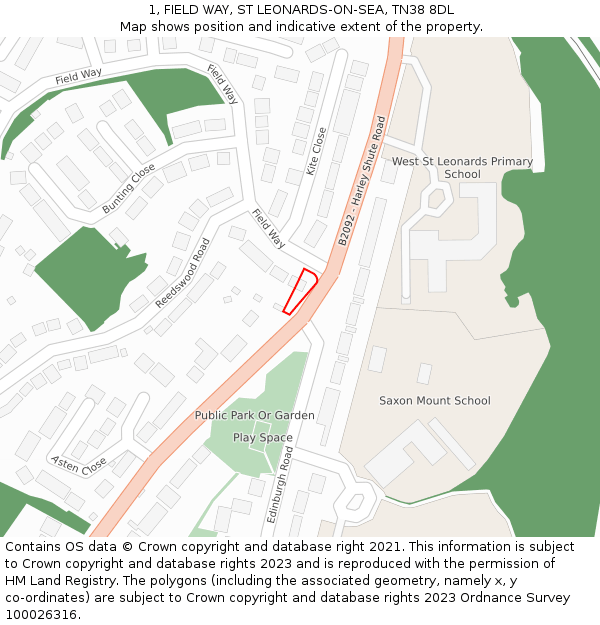 1, FIELD WAY, ST LEONARDS-ON-SEA, TN38 8DL: Location map and indicative extent of plot