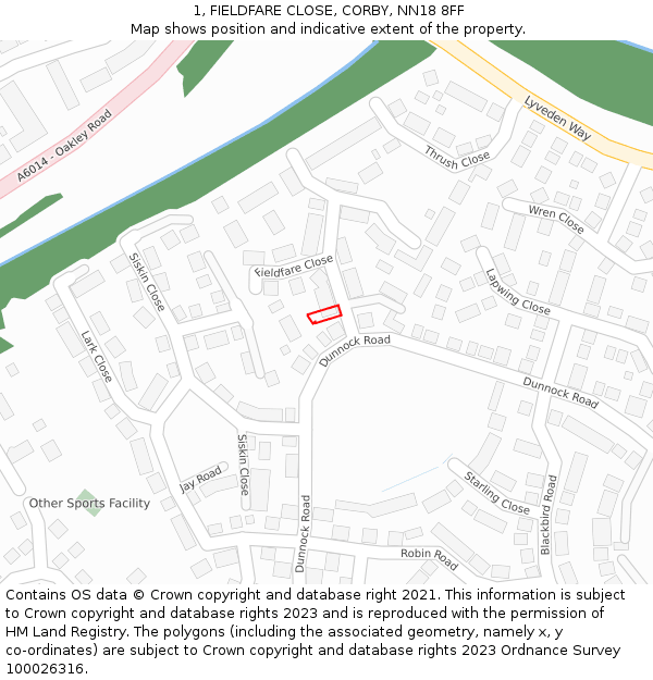 1, FIELDFARE CLOSE, CORBY, NN18 8FF: Location map and indicative extent of plot