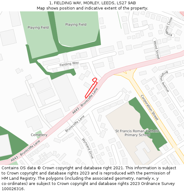1, FIELDING WAY, MORLEY, LEEDS, LS27 9AB: Location map and indicative extent of plot