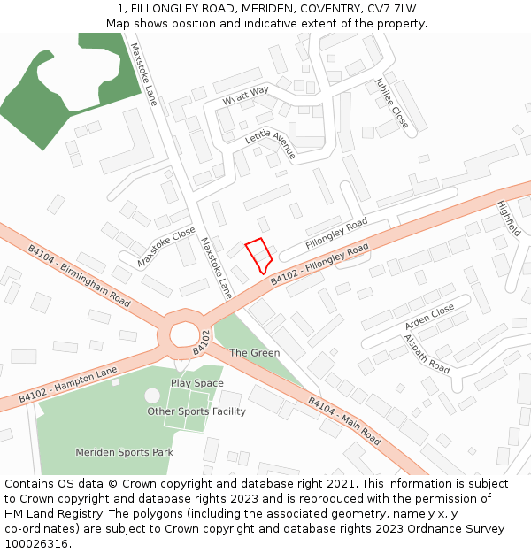 1, FILLONGLEY ROAD, MERIDEN, COVENTRY, CV7 7LW: Location map and indicative extent of plot