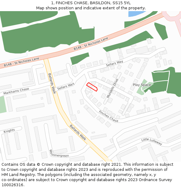 1, FINCHES CHASE, BASILDON, SS15 5YL: Location map and indicative extent of plot