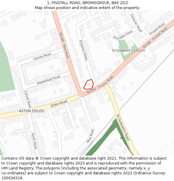 1, FINSTALL ROAD, BROMSGROVE, B60 2DZ: Location map and indicative extent of plot