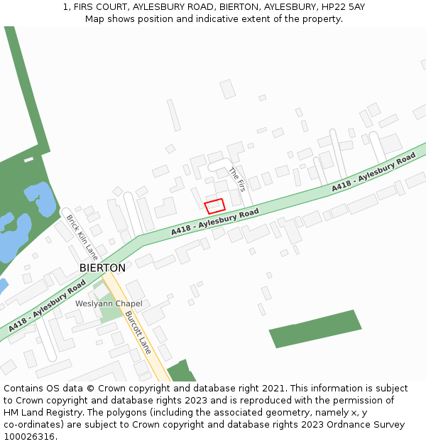 1, FIRS COURT, AYLESBURY ROAD, BIERTON, AYLESBURY, HP22 5AY: Location map and indicative extent of plot