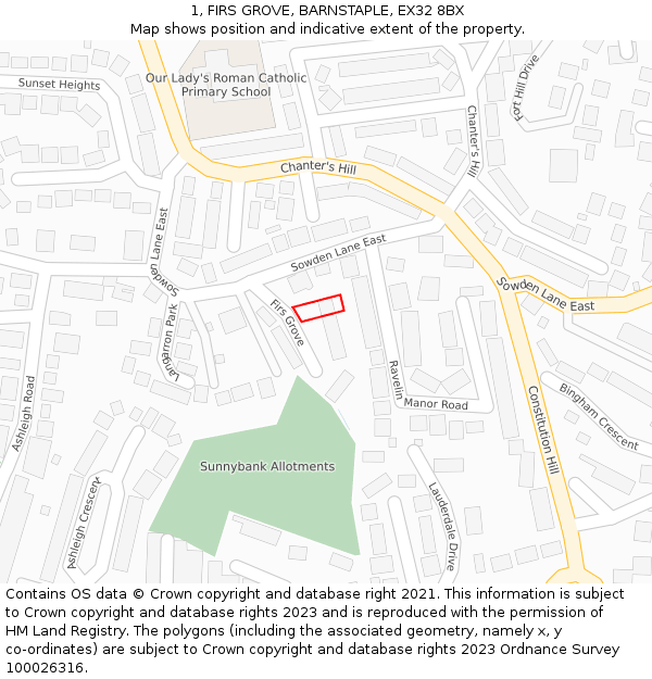 1, FIRS GROVE, BARNSTAPLE, EX32 8BX: Location map and indicative extent of plot