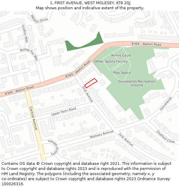 1, FIRST AVENUE, WEST MOLESEY, KT8 2QJ: Location map and indicative extent of plot