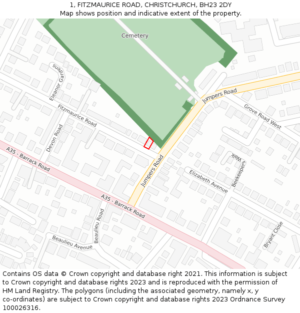 1, FITZMAURICE ROAD, CHRISTCHURCH, BH23 2DY: Location map and indicative extent of plot