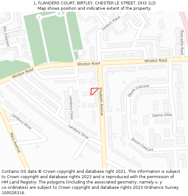 1, FLANDERS COURT, BIRTLEY, CHESTER LE STREET, DH3 1LD: Location map and indicative extent of plot