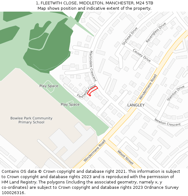 1, FLEETWITH CLOSE, MIDDLETON, MANCHESTER, M24 5TB: Location map and indicative extent of plot
