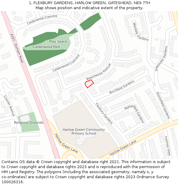 1, FLEXBURY GARDENS, HARLOW GREEN, GATESHEAD, NE9 7TH: Location map and indicative extent of plot