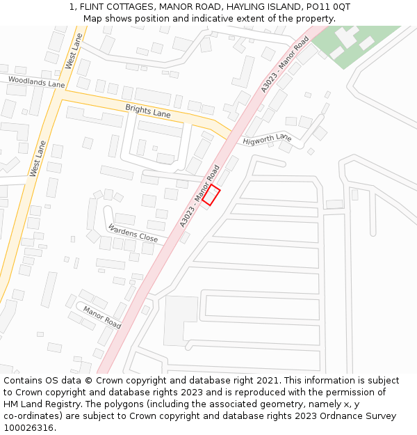 1, FLINT COTTAGES, MANOR ROAD, HAYLING ISLAND, PO11 0QT: Location map and indicative extent of plot