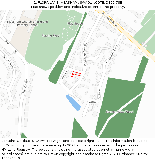 1, FLORA LANE, MEASHAM, SWADLINCOTE, DE12 7SE: Location map and indicative extent of plot