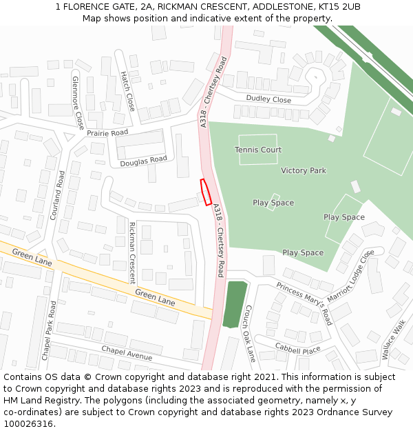 1 FLORENCE GATE, 2A, RICKMAN CRESCENT, ADDLESTONE, KT15 2UB: Location map and indicative extent of plot