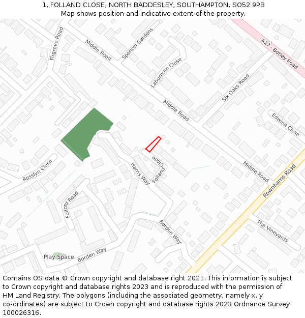 1, FOLLAND CLOSE, NORTH BADDESLEY, SOUTHAMPTON, SO52 9PB: Location map and indicative extent of plot