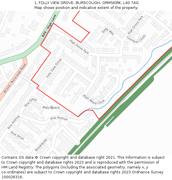 1, FOLLY VIEW GROVE, BURSCOUGH, ORMSKIRK, L40 7AG: Location map and indicative extent of plot