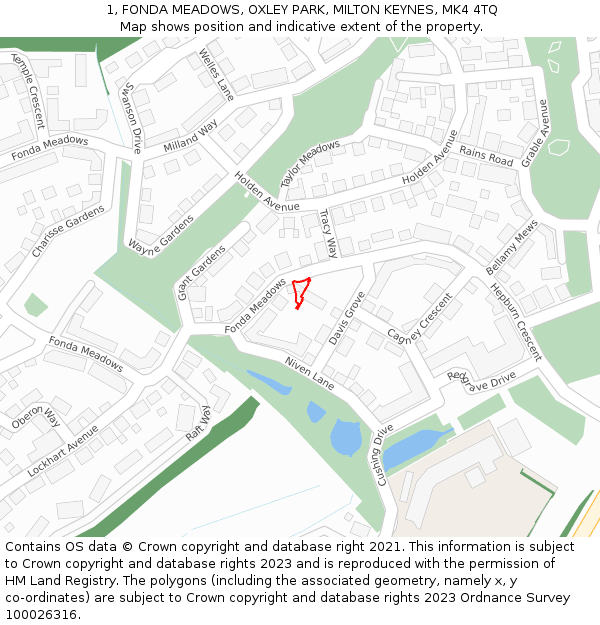 1, FONDA MEADOWS, OXLEY PARK, MILTON KEYNES, MK4 4TQ: Location map and indicative extent of plot