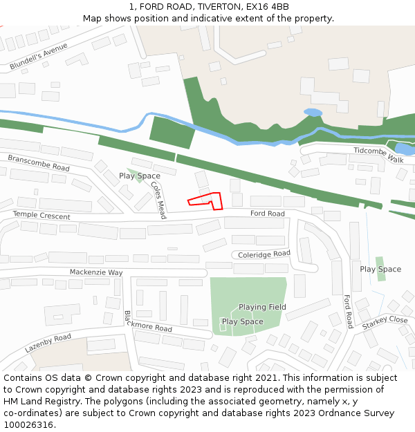 1, FORD ROAD, TIVERTON, EX16 4BB: Location map and indicative extent of plot