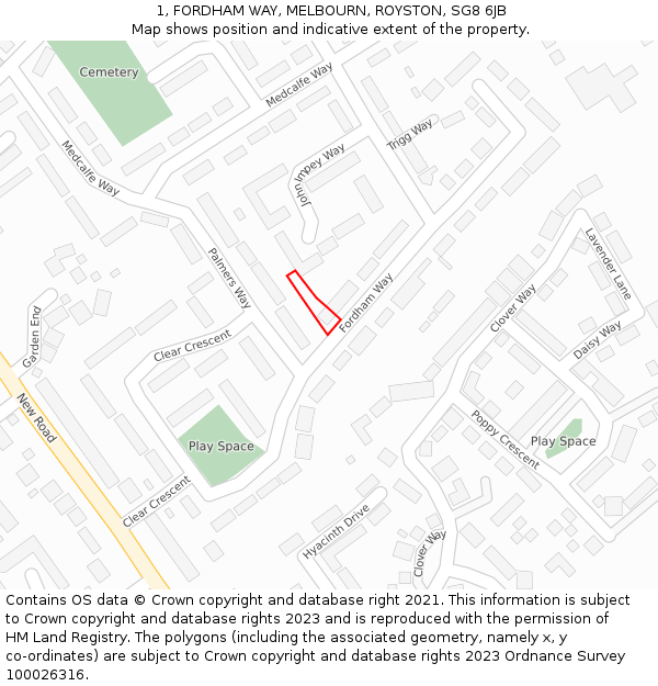 1, FORDHAM WAY, MELBOURN, ROYSTON, SG8 6JB: Location map and indicative extent of plot