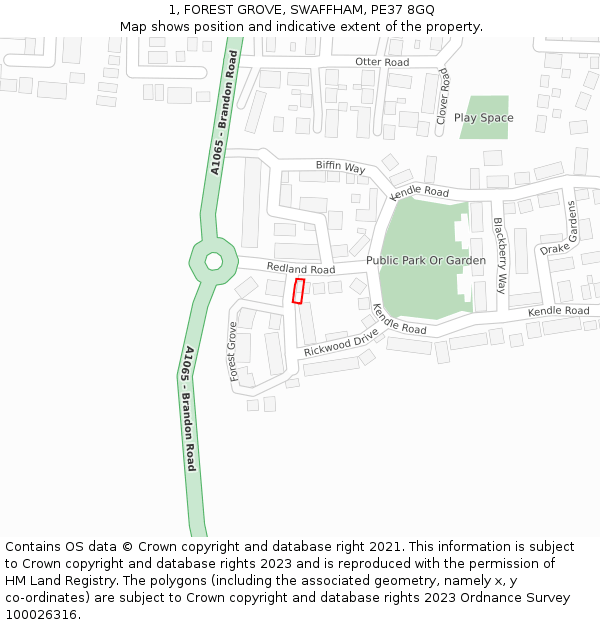1, FOREST GROVE, SWAFFHAM, PE37 8GQ: Location map and indicative extent of plot