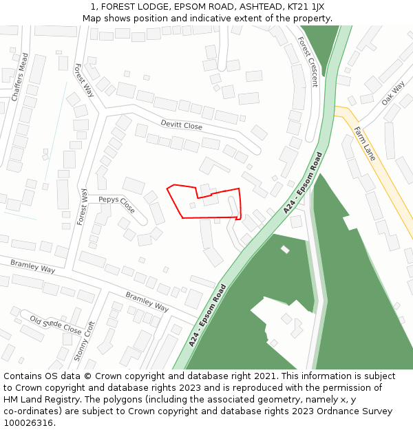 1, FOREST LODGE, EPSOM ROAD, ASHTEAD, KT21 1JX: Location map and indicative extent of plot