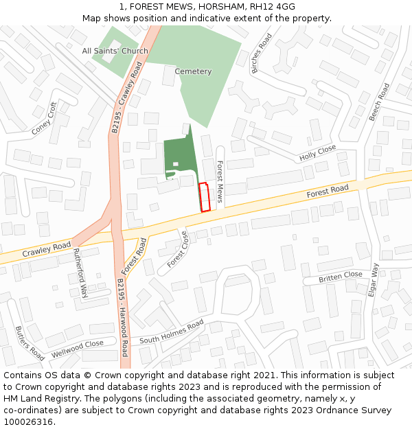 1, FOREST MEWS, HORSHAM, RH12 4GG: Location map and indicative extent of plot