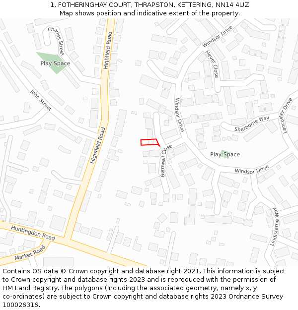 1, FOTHERINGHAY COURT, THRAPSTON, KETTERING, NN14 4UZ: Location map and indicative extent of plot