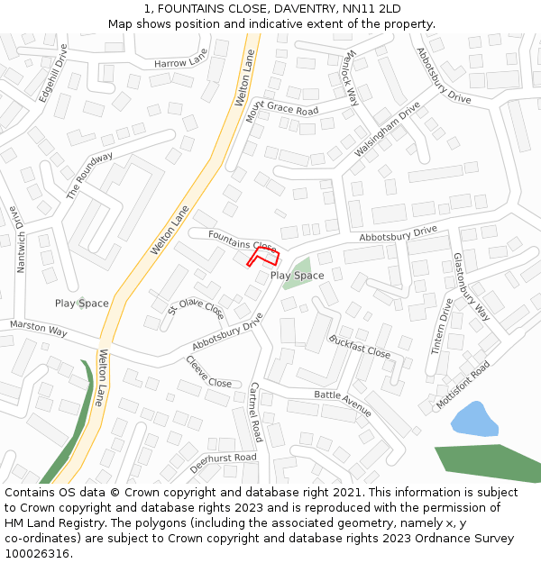 1, FOUNTAINS CLOSE, DAVENTRY, NN11 2LD: Location map and indicative extent of plot