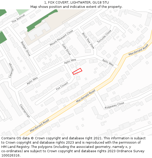 1, FOX COVERT, LIGHTWATER, GU18 5TU: Location map and indicative extent of plot