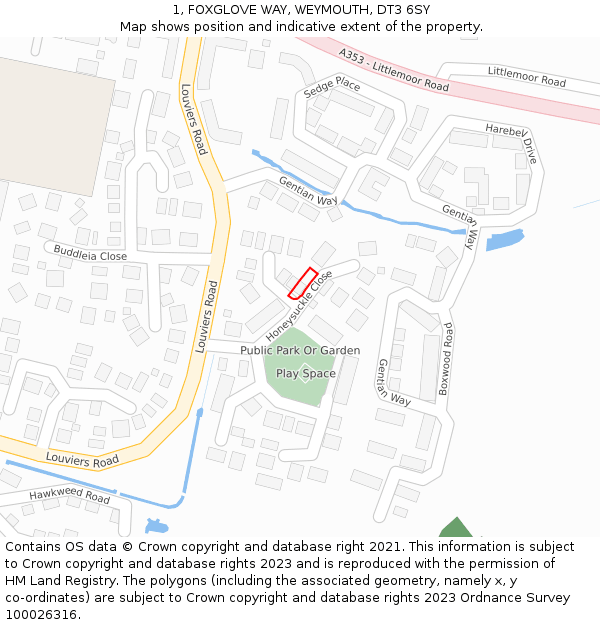 1, FOXGLOVE WAY, WEYMOUTH, DT3 6SY: Location map and indicative extent of plot