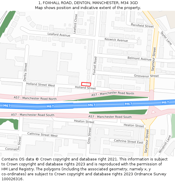 1, FOXHALL ROAD, DENTON, MANCHESTER, M34 3GD: Location map and indicative extent of plot