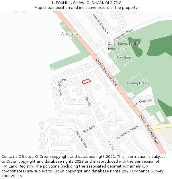 1, FOXHILL, SHAW, OLDHAM, OL2 7NG: Location map and indicative extent of plot