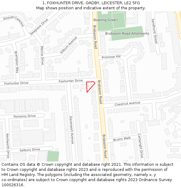 1, FOXHUNTER DRIVE, OADBY, LEICESTER, LE2 5FG: Location map and indicative extent of plot