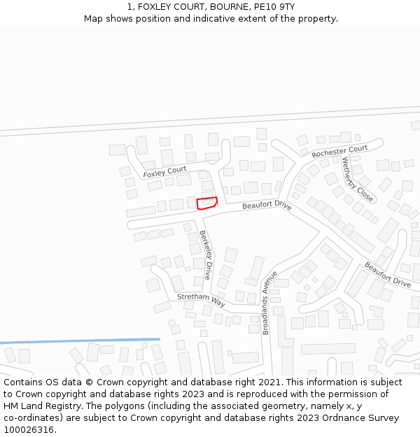 1, FOXLEY COURT, BOURNE, PE10 9TY: Location map and indicative extent of plot