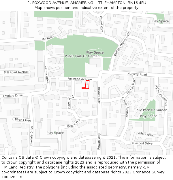 1, FOXWOOD AVENUE, ANGMERING, LITTLEHAMPTON, BN16 4FU: Location map and indicative extent of plot