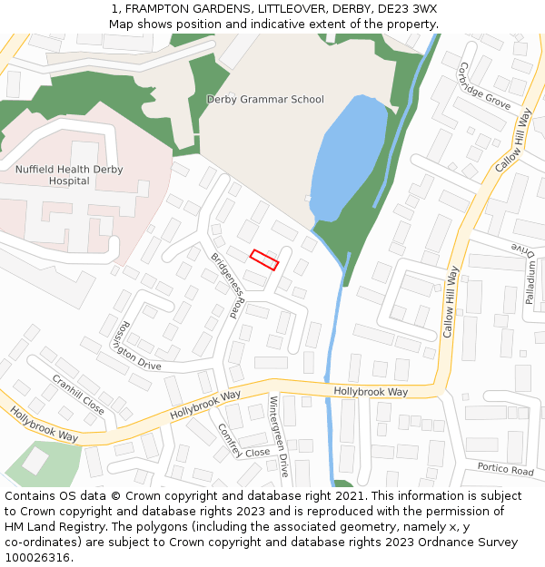 1, FRAMPTON GARDENS, LITTLEOVER, DERBY, DE23 3WX: Location map and indicative extent of plot