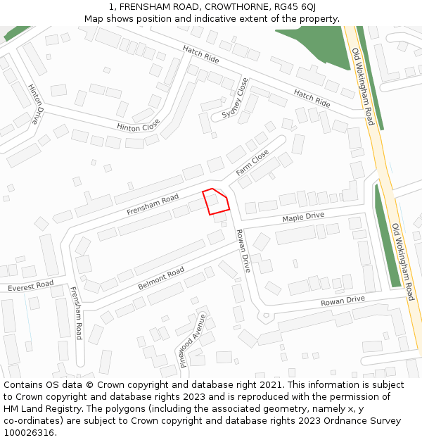 1, FRENSHAM ROAD, CROWTHORNE, RG45 6QJ: Location map and indicative extent of plot