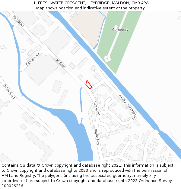 1, FRESHWATER CRESCENT, HEYBRIDGE, MALDON, CM9 4PA: Location map and indicative extent of plot