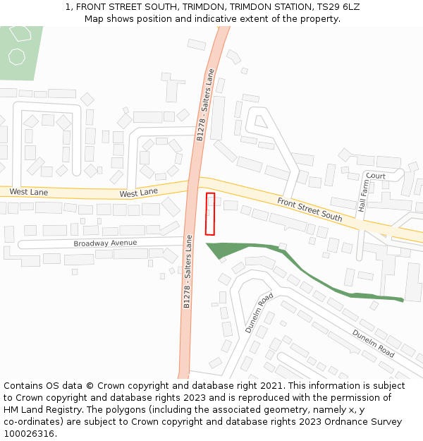 1, FRONT STREET SOUTH, TRIMDON, TRIMDON STATION, TS29 6LZ: Location map and indicative extent of plot