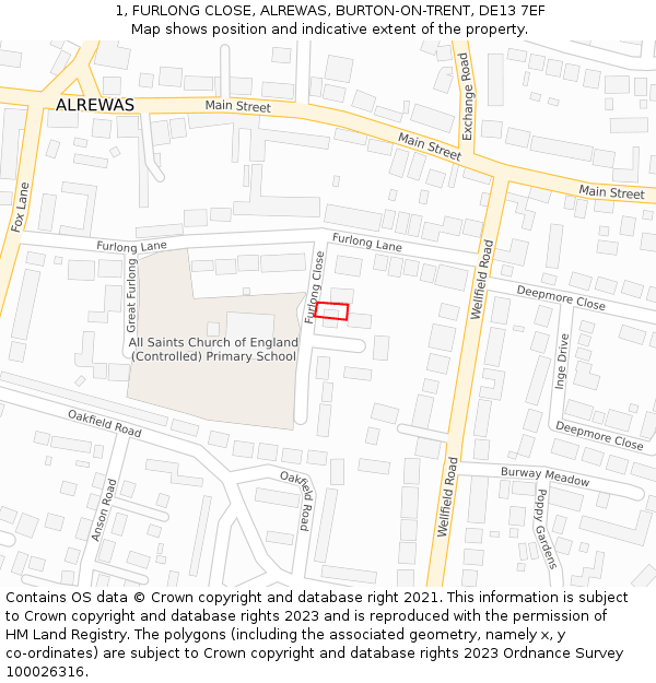 1, FURLONG CLOSE, ALREWAS, BURTON-ON-TRENT, DE13 7EF: Location map and indicative extent of plot