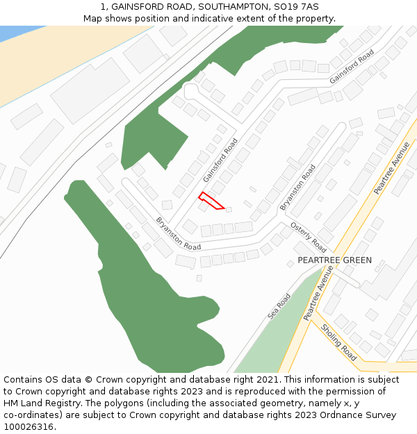 1, GAINSFORD ROAD, SOUTHAMPTON, SO19 7AS: Location map and indicative extent of plot