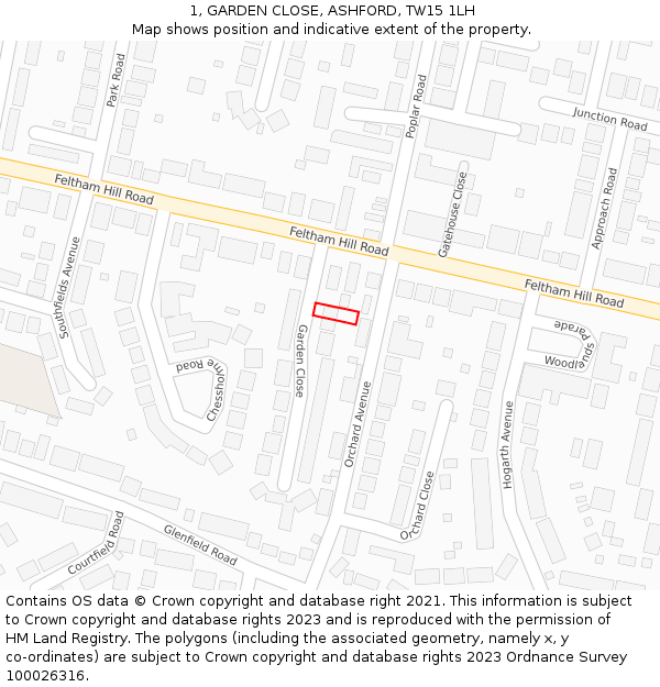 1, GARDEN CLOSE, ASHFORD, TW15 1LH: Location map and indicative extent of plot