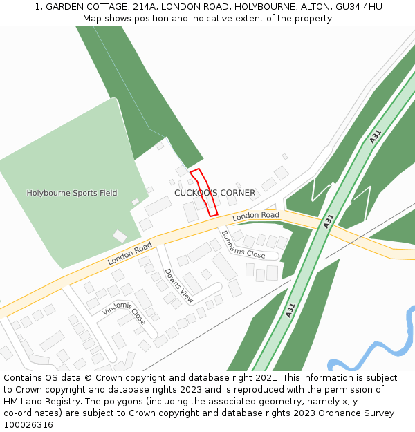 1, GARDEN COTTAGE, 214A, LONDON ROAD, HOLYBOURNE, ALTON, GU34 4HU: Location map and indicative extent of plot