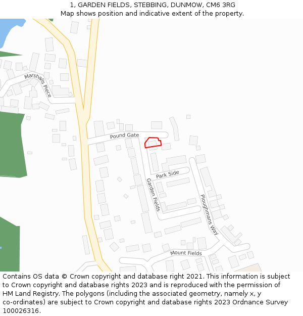 1, GARDEN FIELDS, STEBBING, DUNMOW, CM6 3RG: Location map and indicative extent of plot