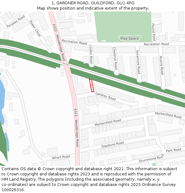 1, GARDNER ROAD, GUILDFORD, GU1 4PG: Location map and indicative extent of plot