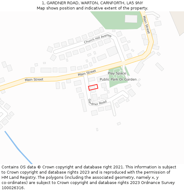 1, GARDNER ROAD, WARTON, CARNFORTH, LA5 9NY: Location map and indicative extent of plot