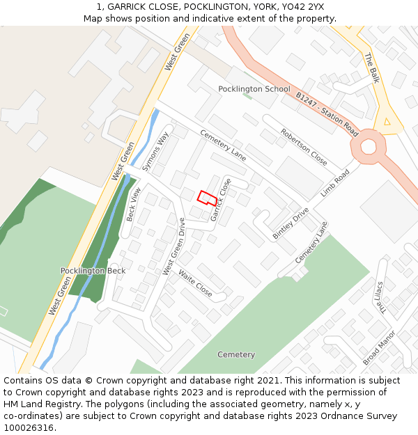 1, GARRICK CLOSE, POCKLINGTON, YORK, YO42 2YX: Location map and indicative extent of plot